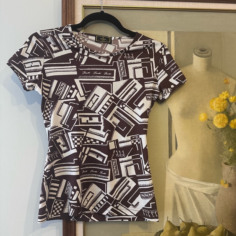 Fendi Brown and White Graphic Logo Top